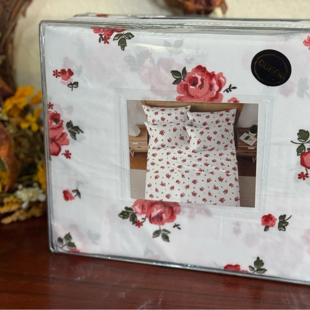 New Floral Queen Bedding Set 4PCS sheet set deep pocket White and Red rose